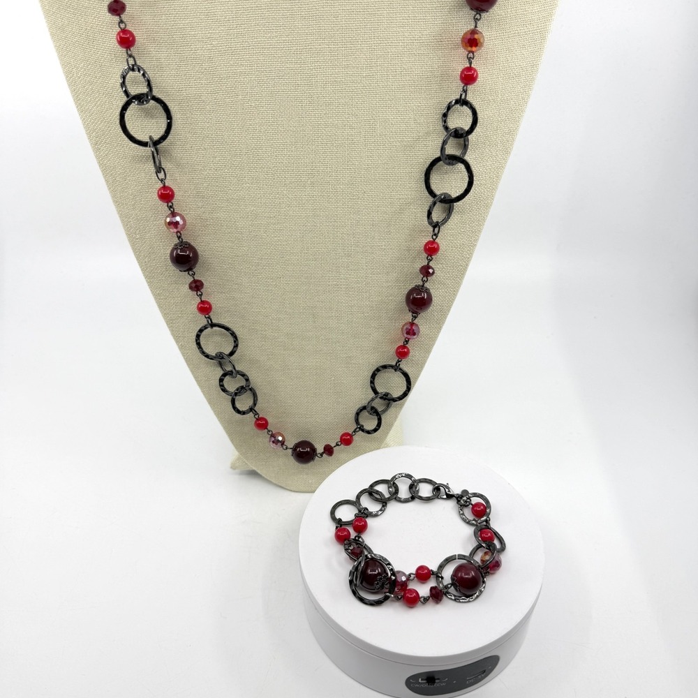 Red Bead Black Hammered Link Necklace Bracelet Set Gothic Statement Jewelry